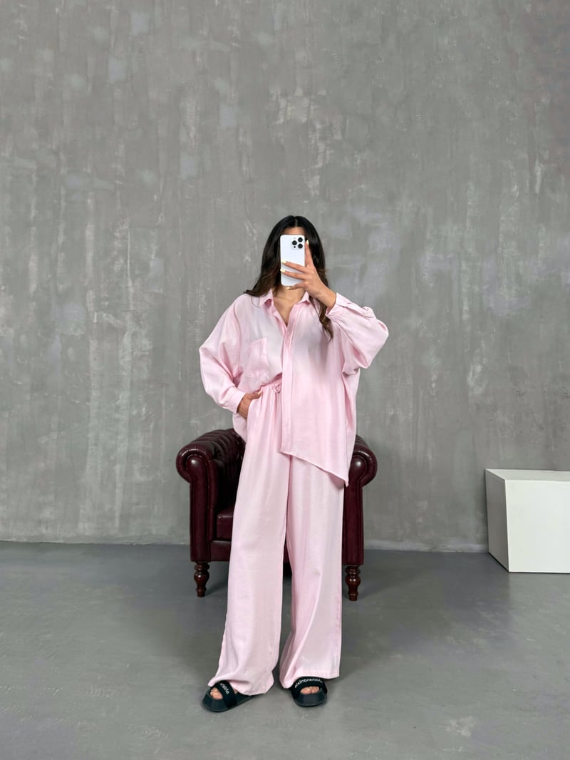 Pembe Cepli Gömlek Beli Lastikli Pantolon Tensel Takım Gaus00134