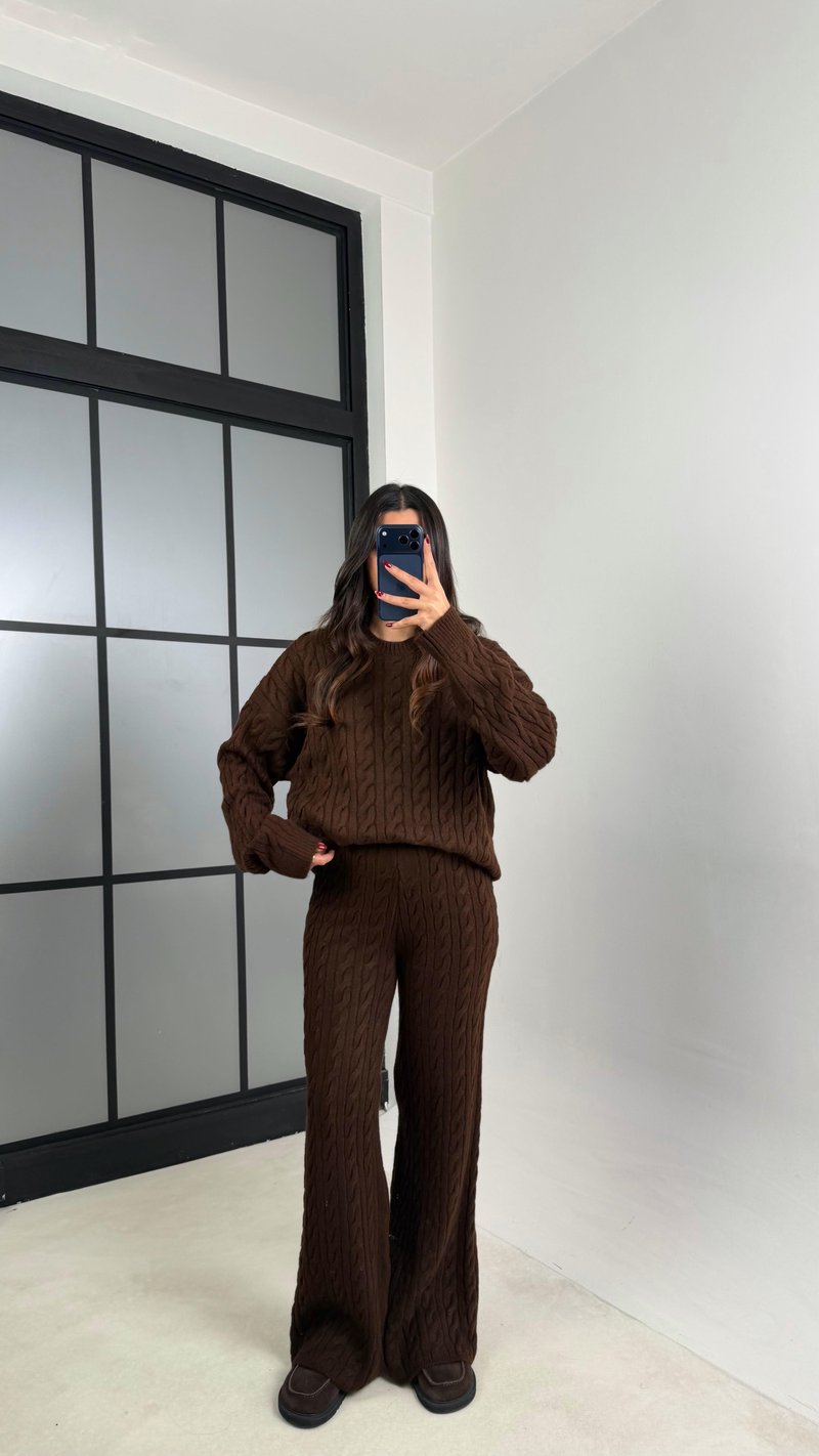 Kahve Saç Örgülü Kazak Beli Lastikli Pantolon Triko Takım GAUS-00592