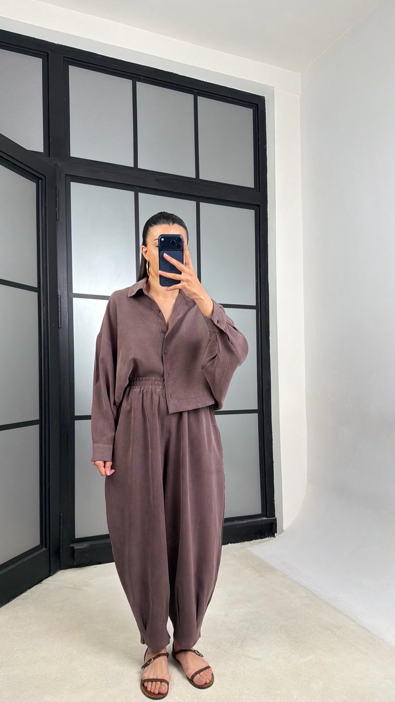 Kahve MD Muadil Gömlek Beli Lastikli Şalvar Pantolon Tencel Takım GAUS-01500