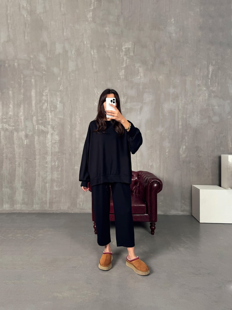 Serge Siyah Oys Kumaş Oversize İkili Takım 
