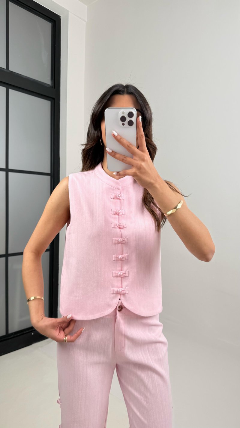 Pembe Düğmeli Tasarım Yelek Pantolon Keten Takım Gaus00339