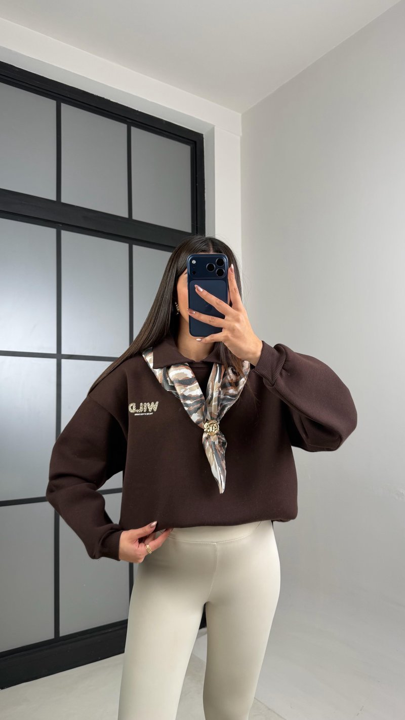 Acı Kahve Şardonlu Fular Detaylı Sweatshirt GAUS-01078