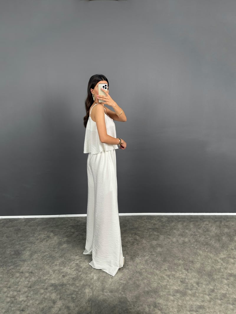 Blon Beyaz İp Askılı  Crop Bluz Bol Paça Pantolon Zr Model İkili Takım