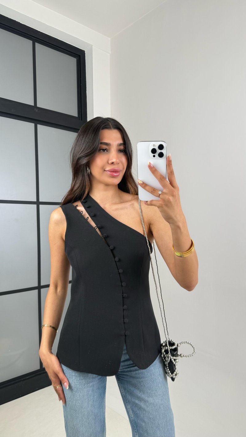 Siyah Düğmeli Asimetrik Yaka Astarlı Yelek Gaus00649