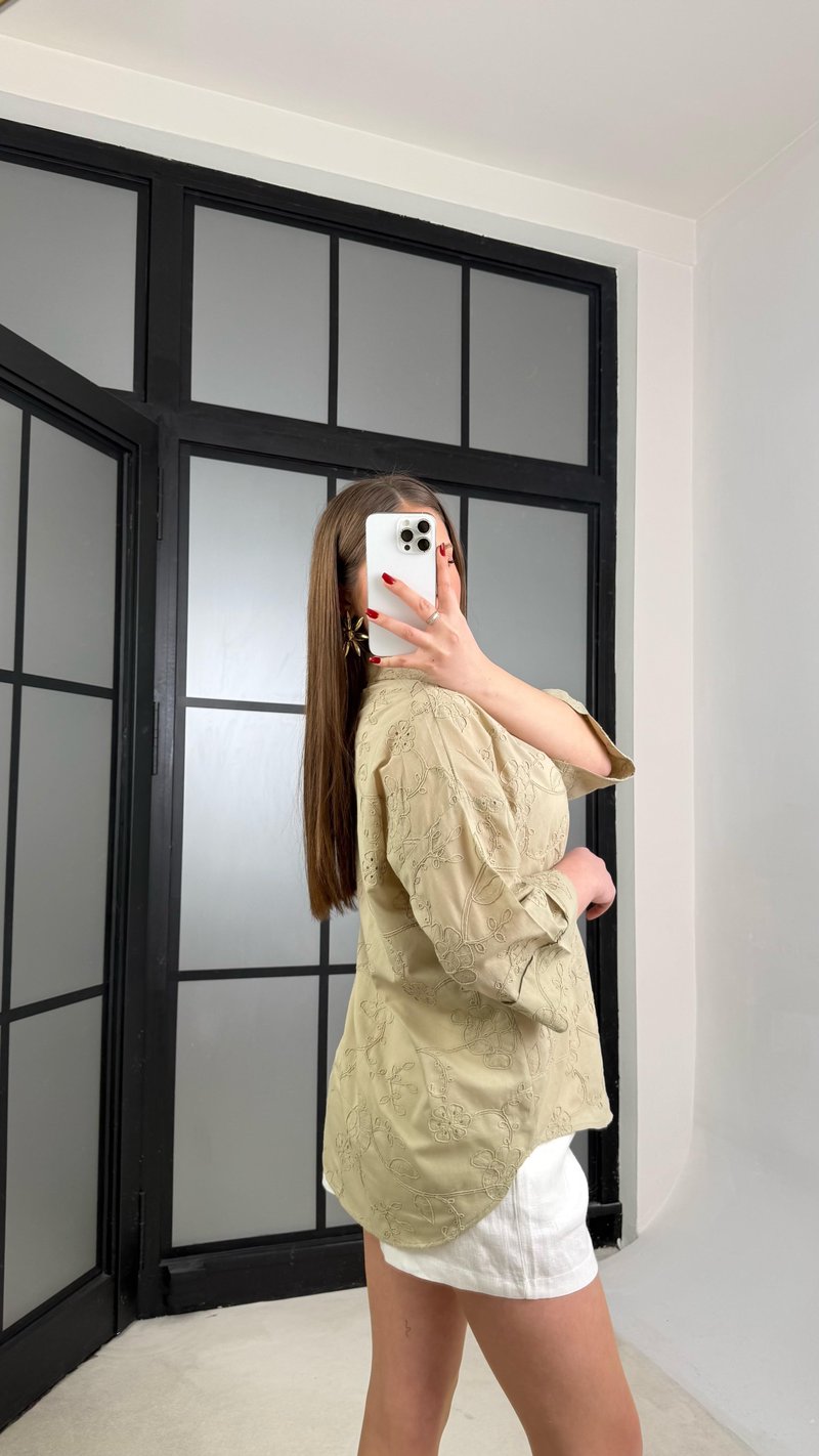 Yeşil Çiçek Nakışlı Pinterest Gömlek GAUS-01268