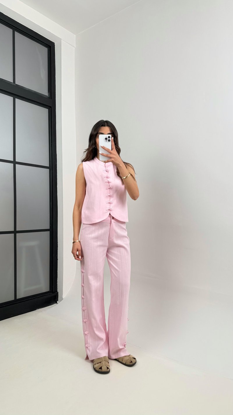 Pembe Düğmeli Tasarım Yelek Pantolon Keten Takım Gaus00339