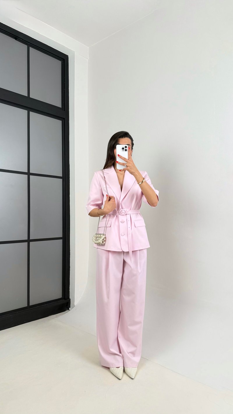 Pembe Yarım Kol Astarlı Vatkalı Kemerli Ceket Pantolon İkili Premium Takım Gaus00453