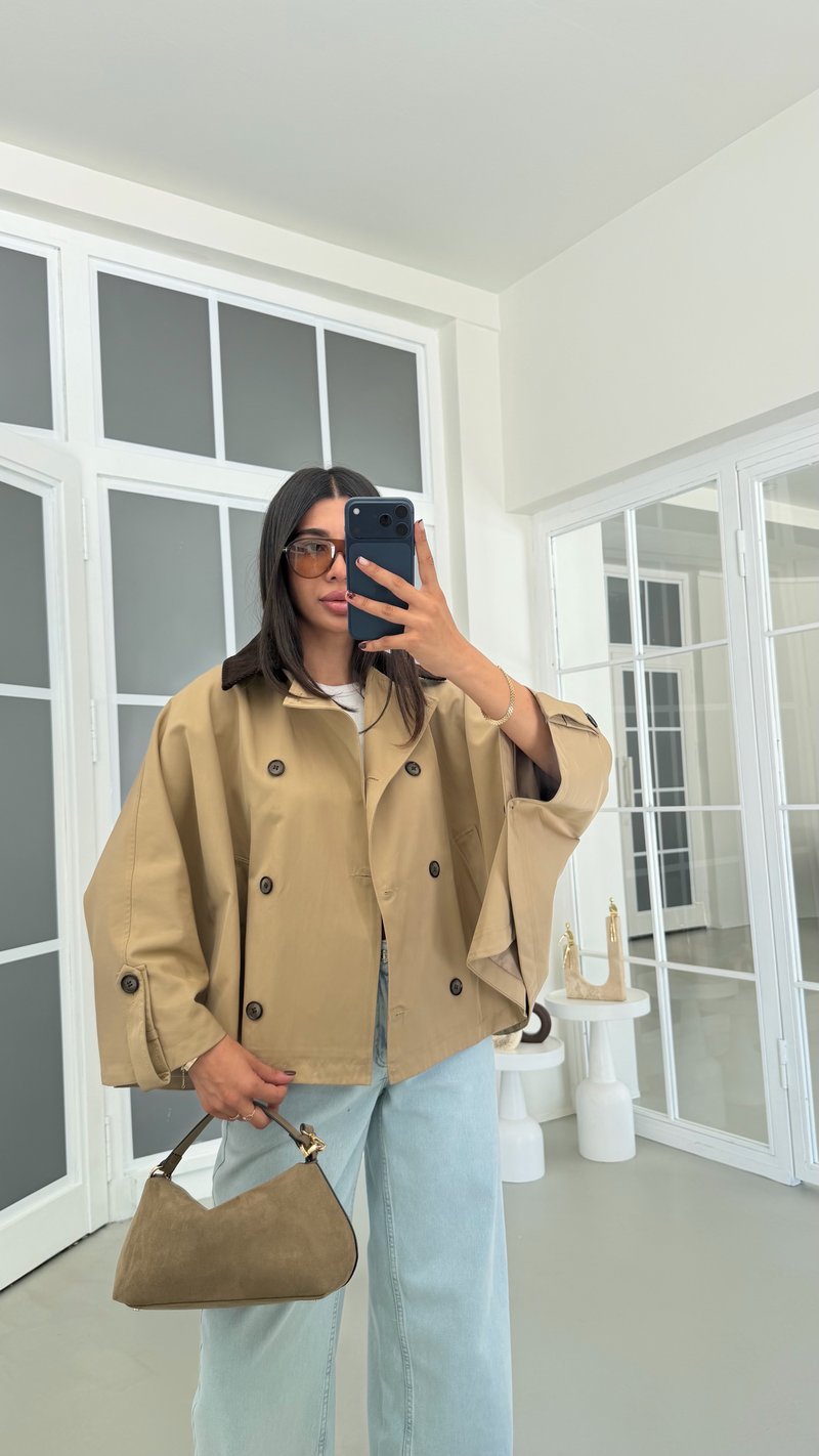 Camel Kadife Yaka Astarlı Pelerin Trençkot GAUS-01907