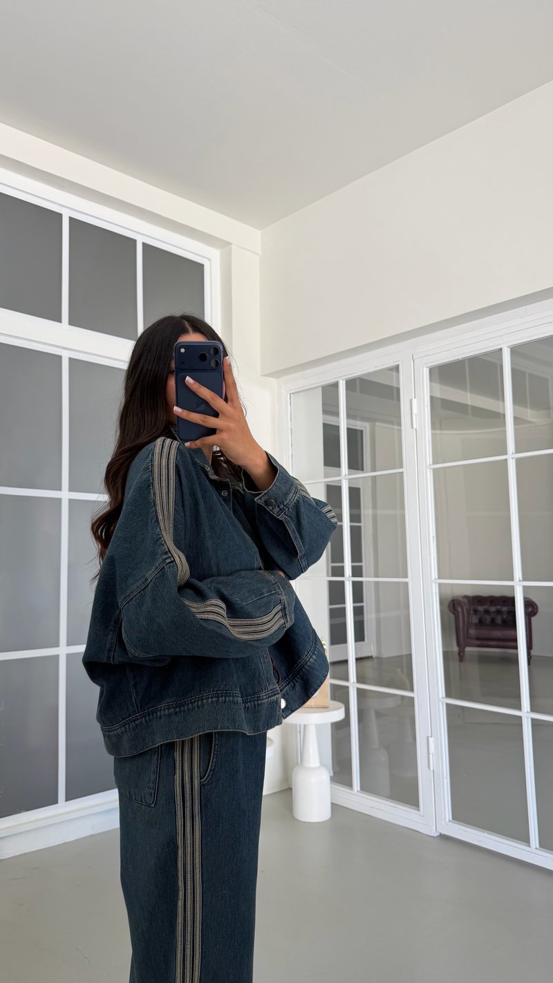 Gri Şerit Detaylı Ceket Beli Lastikli Pantolon İkili Denim Takım GAUS-02094