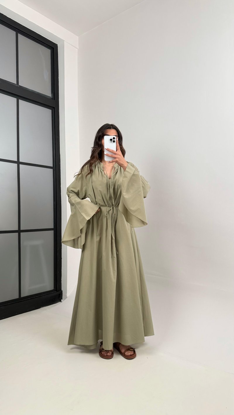 Haki Önü Bağlamalı Kuşaklı Astarlı Vual Kumaş Elbise Gaus00344