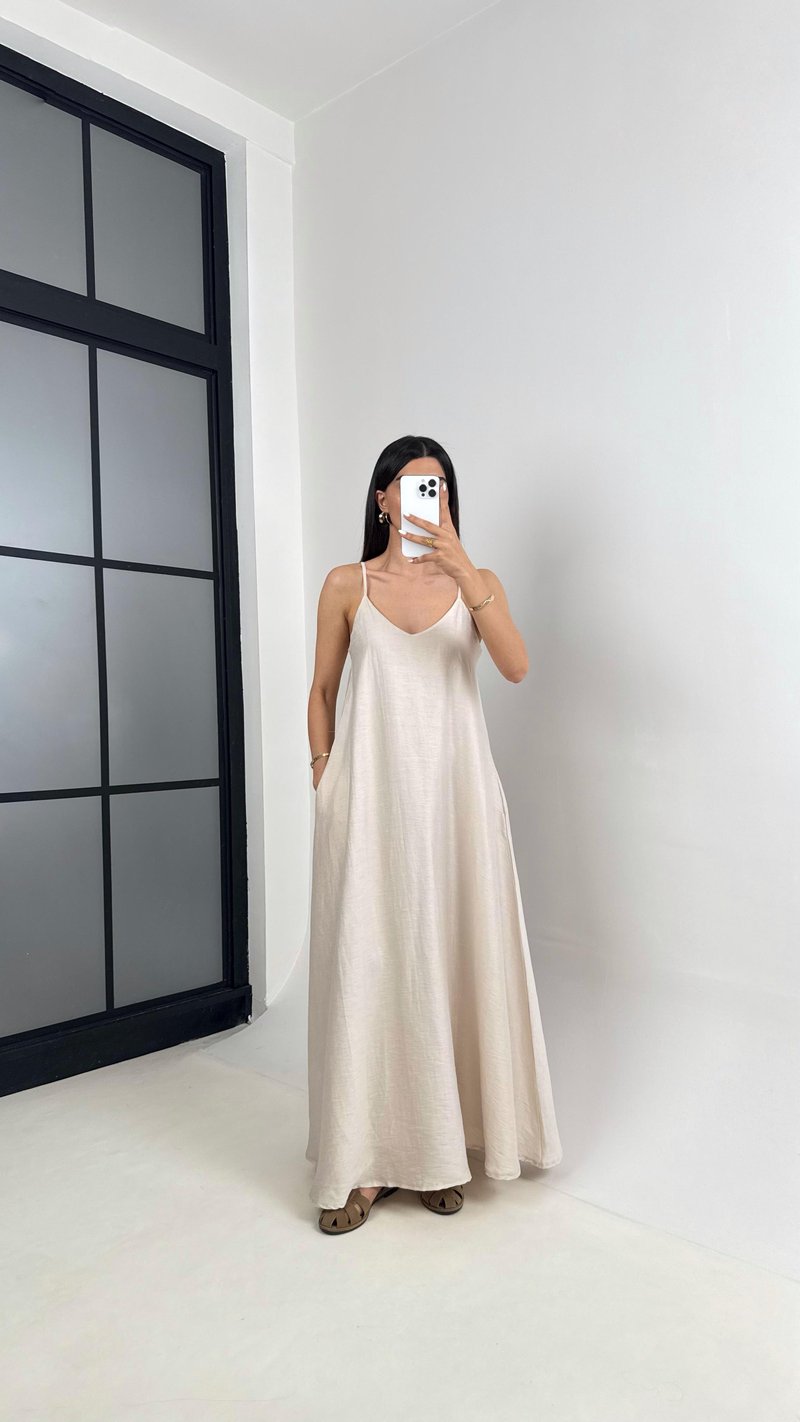 Taş Askılı Astarlı Cepli Tencel Elbise Gaus00449