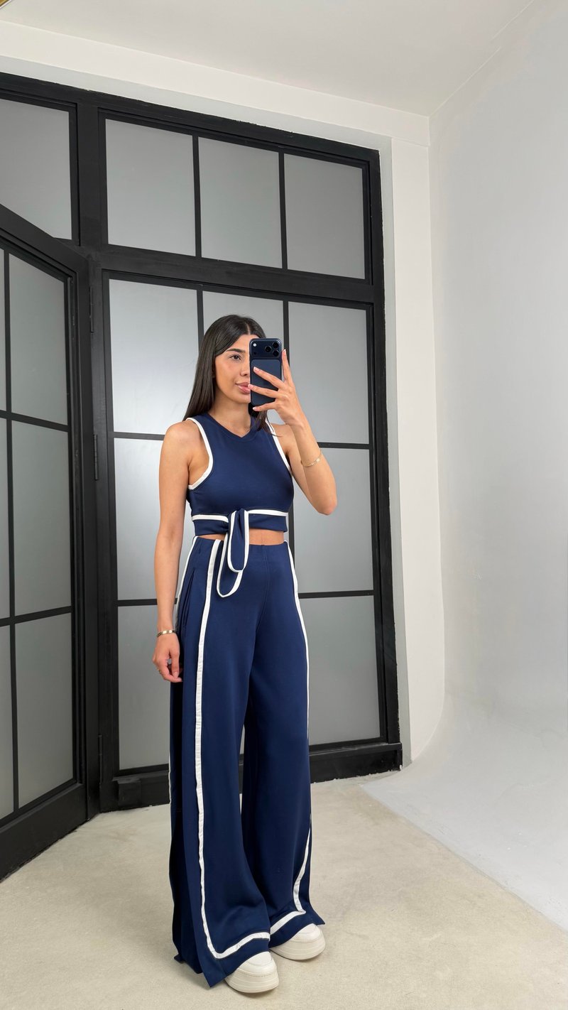 Lacivert Bağlama Detaylı Bluz Beli Lastikli Pantolon Biyeli Modal Takım GAUS-01473