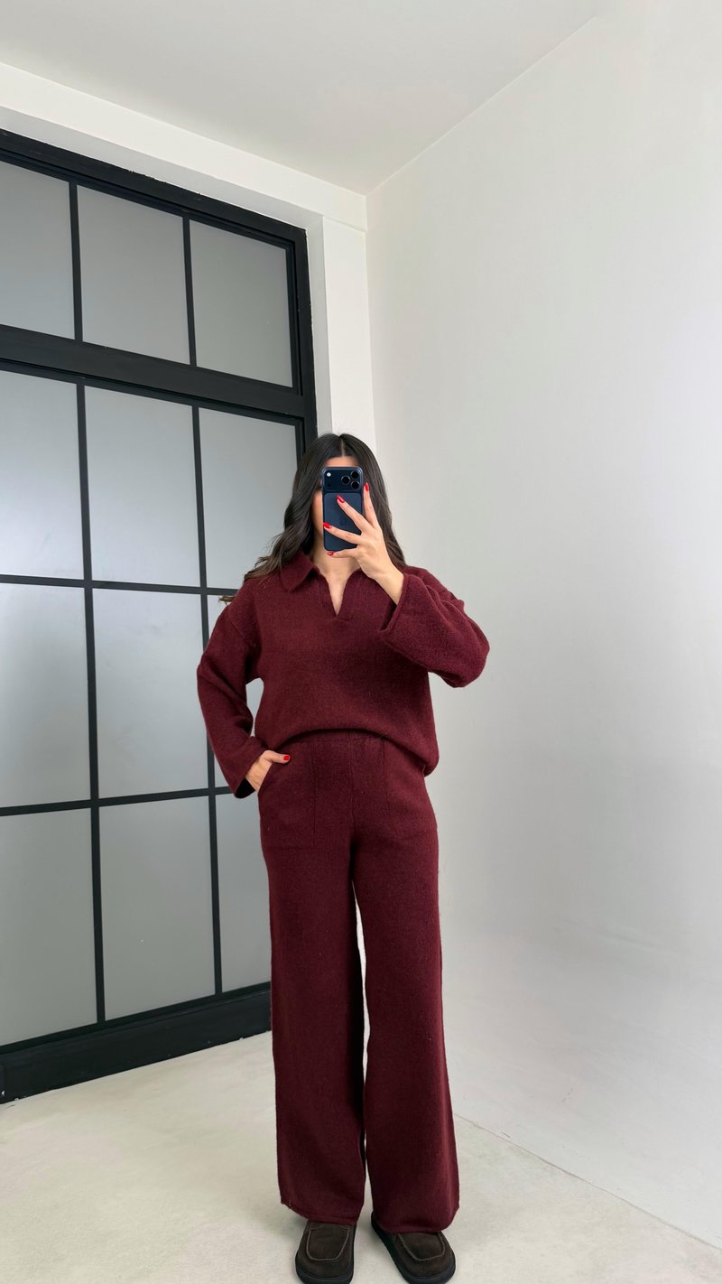 Bordo Polo Yaka Kazak Beli Lastikli Pantolon Triko Takım GAUS-00874