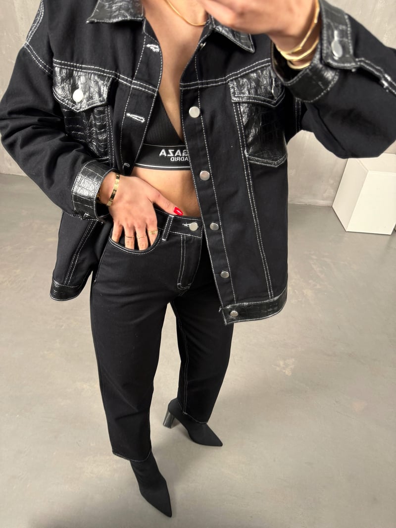 Ronav Siyah Deri Karışımlı Denim Takım