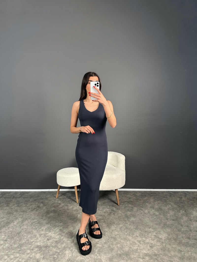 Füme V Yaka Midi Boy Basic Elbise