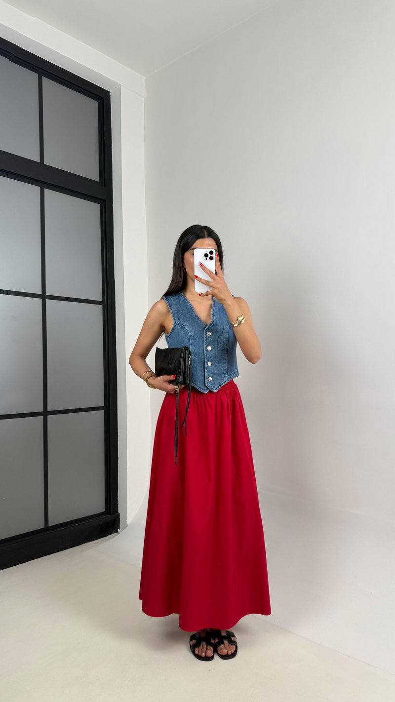 Kırmızı Beli Lastikli Cepli Poplin Etek Gaus00485