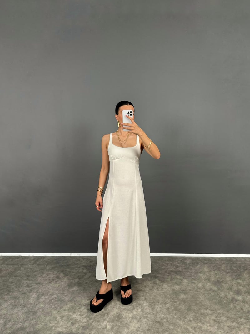  Uxor Taş Askılı Yırtmaçlı Uzun ZR Model Keten Elbise