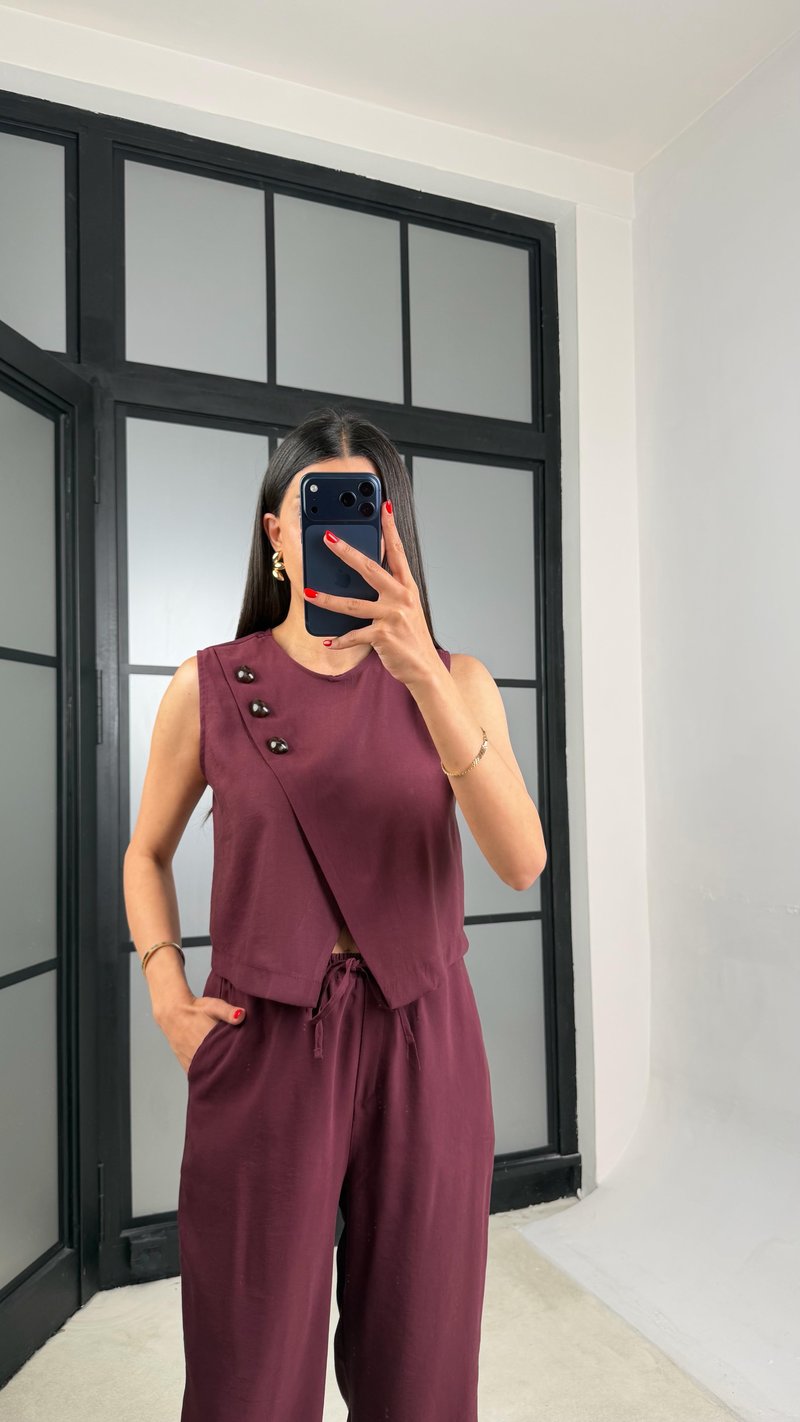 Mürdüm Yelek Beli Lastikli Pantolon Premium Takım GAUS-01538