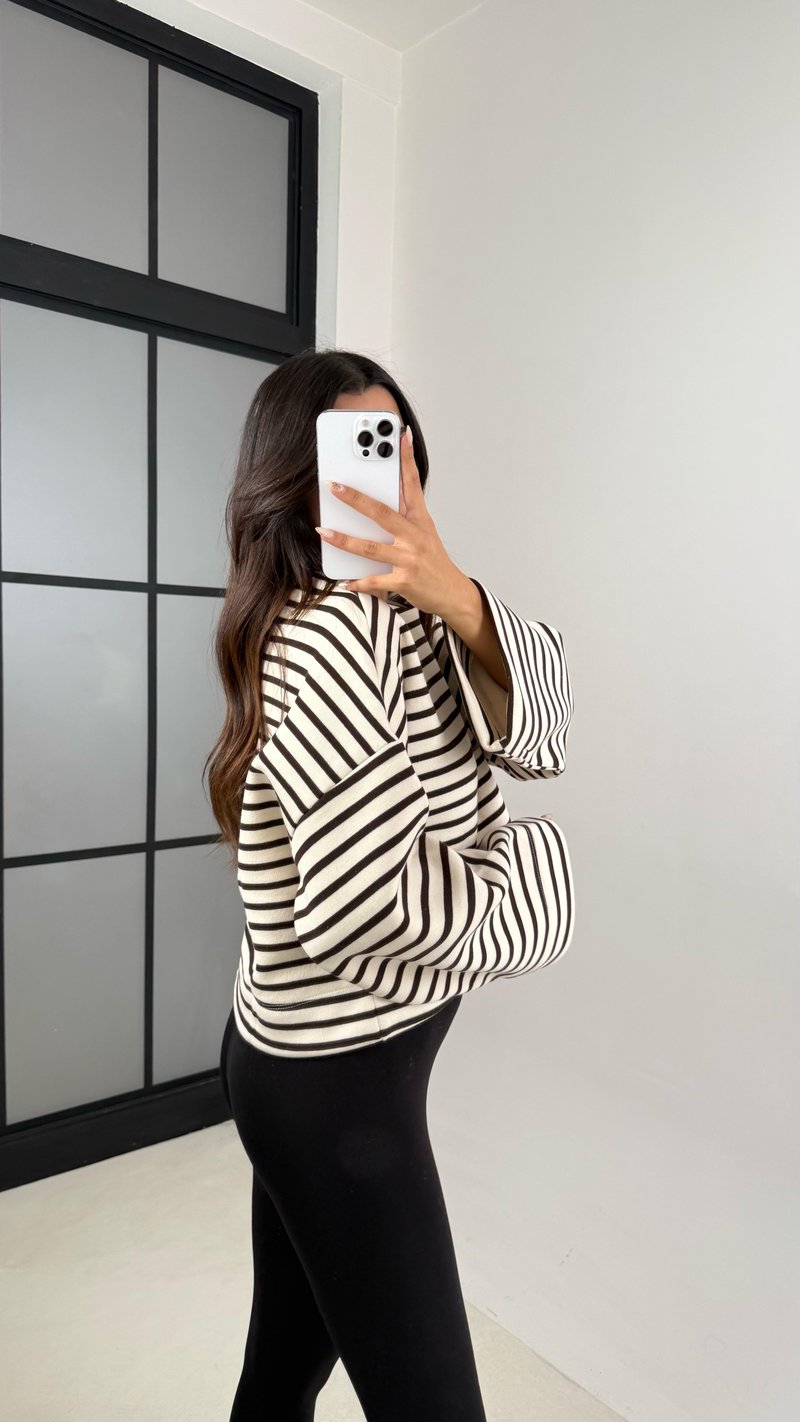 Kahve Çizgili Şardonlu Crop Kazak GAUS-00132