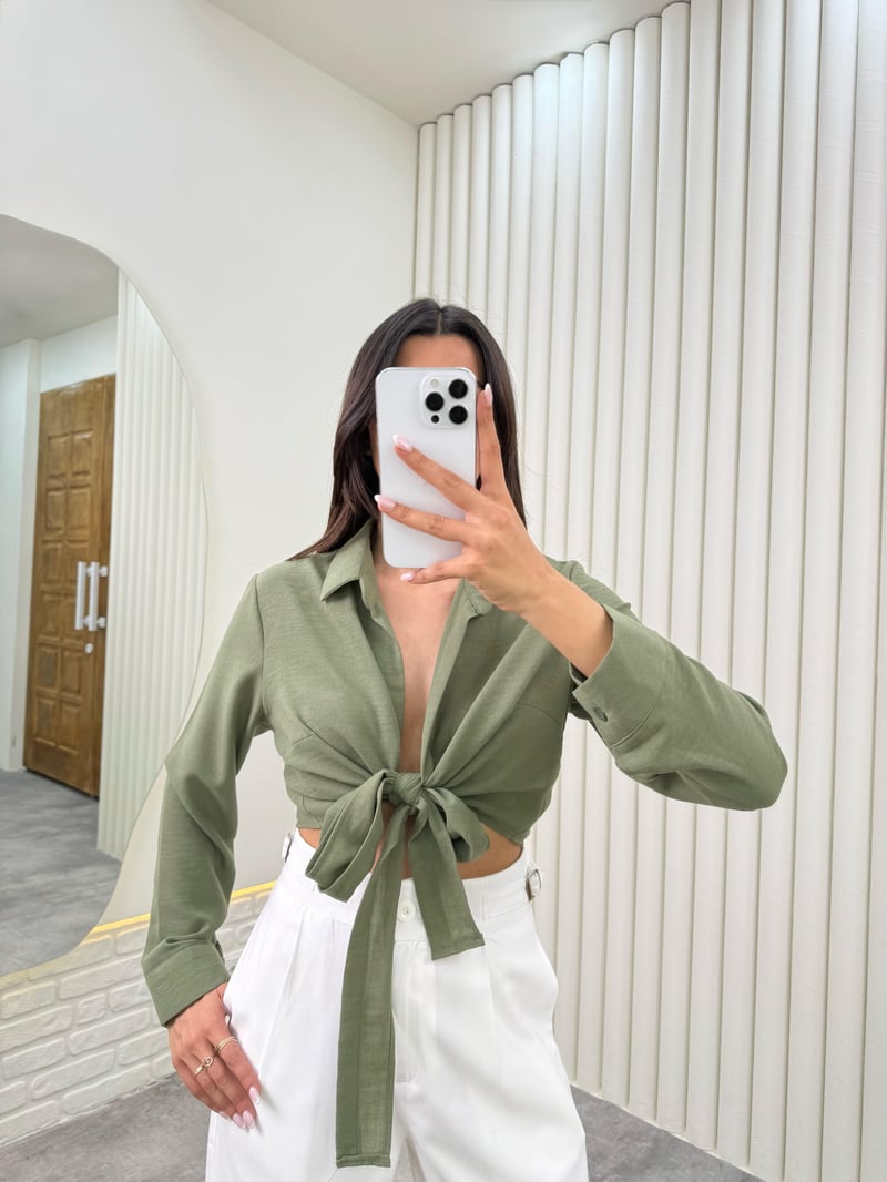 Haki Önü Bağlamalı Premium Keten Gömlek Gaus00319