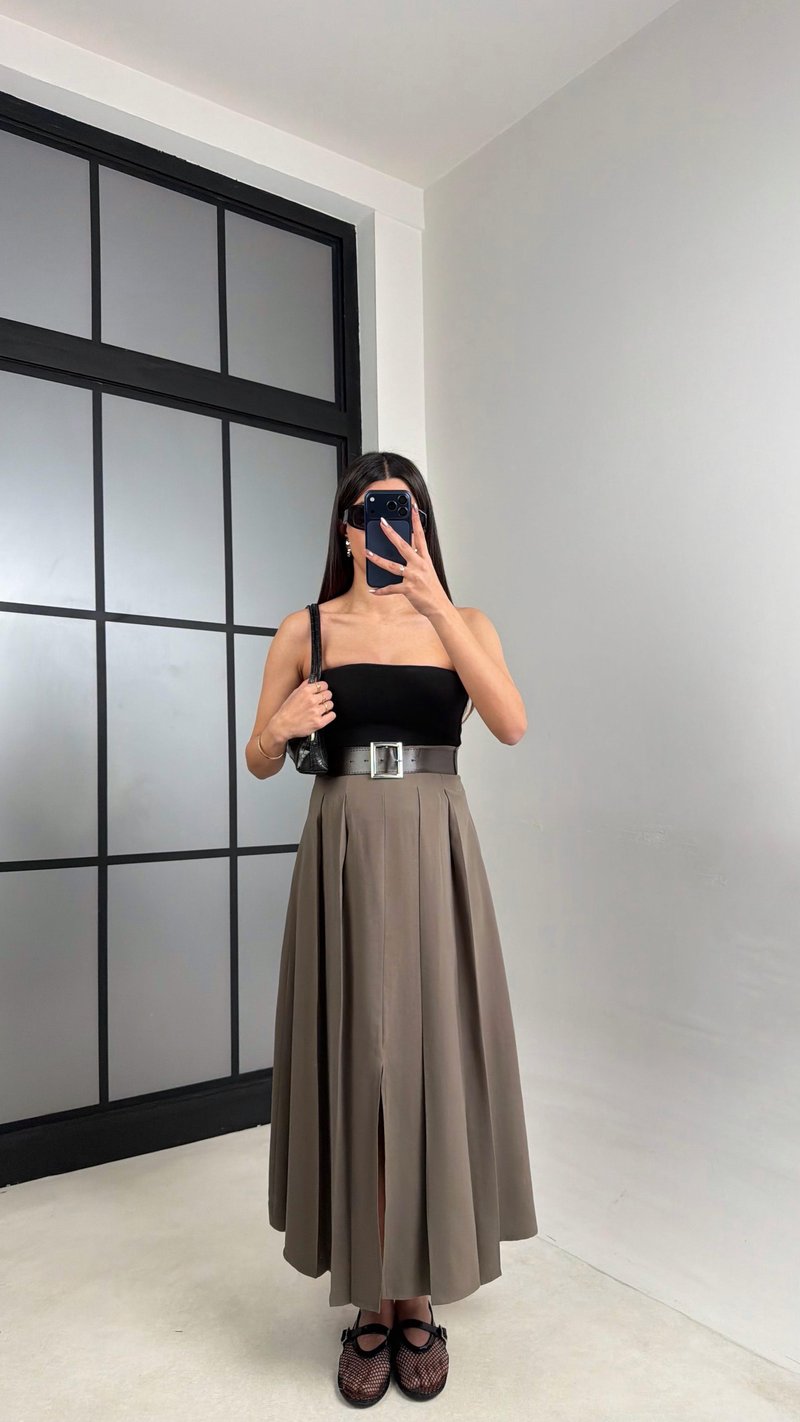 Haki Deri Kemerli Yırtmaçlı Tencel Etek GAUS-01088