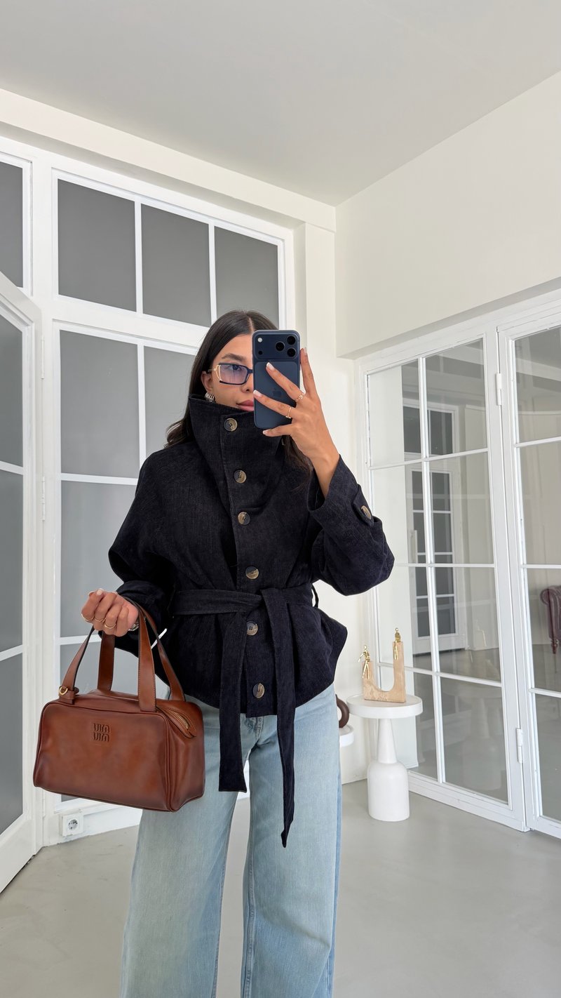 Lacivert Kuşaklı Astarlı Dik Yaka Ceket GAUS-02175