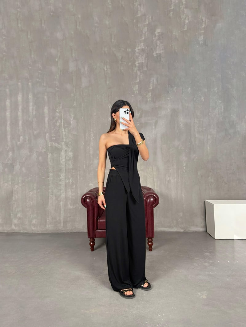 Siyah Asimetrik Kesim Bluz Pantolon Sandy Kumaş Takım Gaus00234