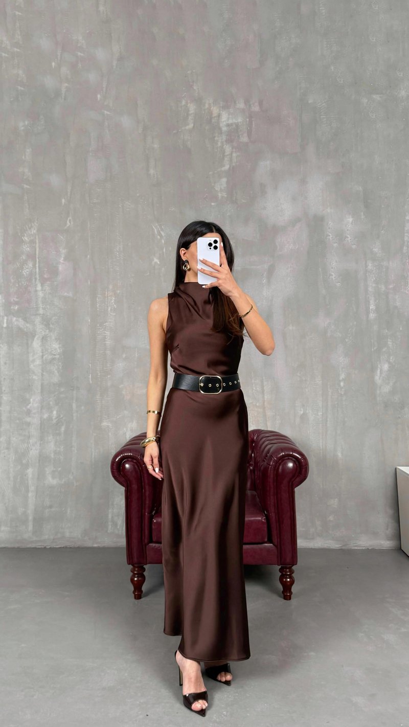 Kahve ZR Model Kemerli Saten Elbise GAUS-01259
