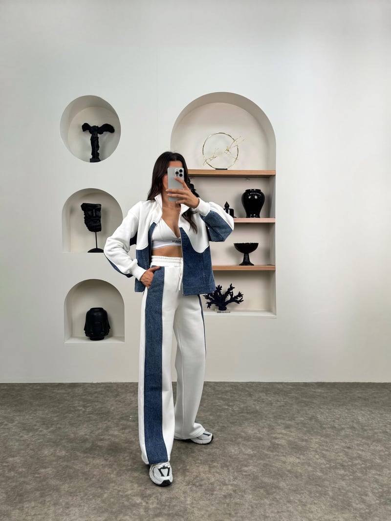 Jadon Beyaz Üç İplik Şardonlu Denim Karışımlı Takım