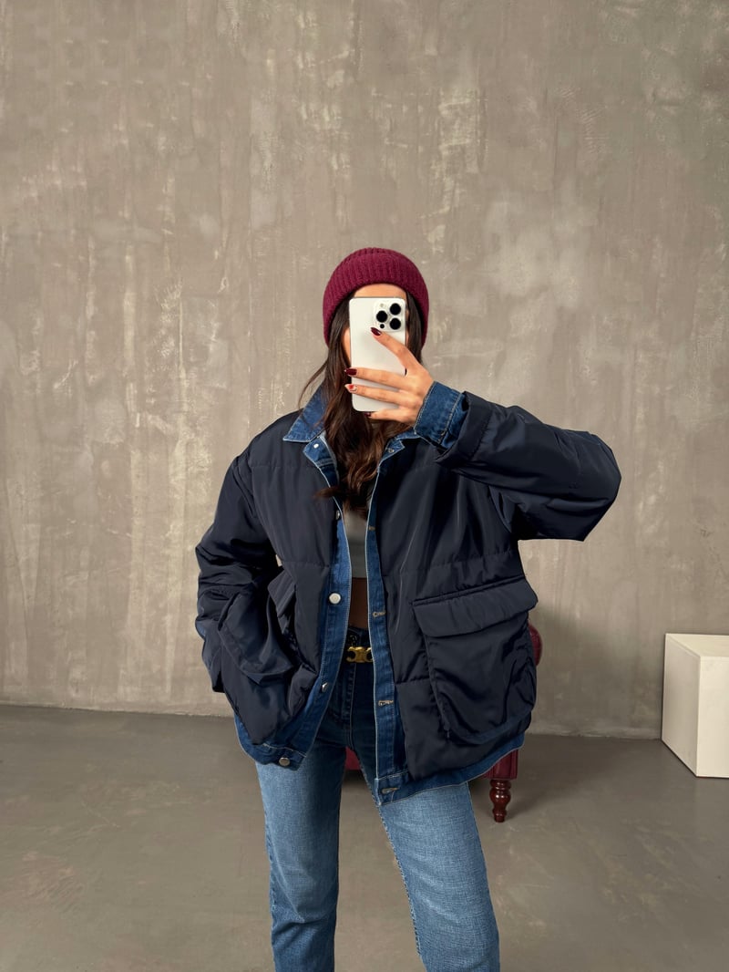 Jovi Lacivert Denim Detaylı Astarlı Tasarım Şişme Mont