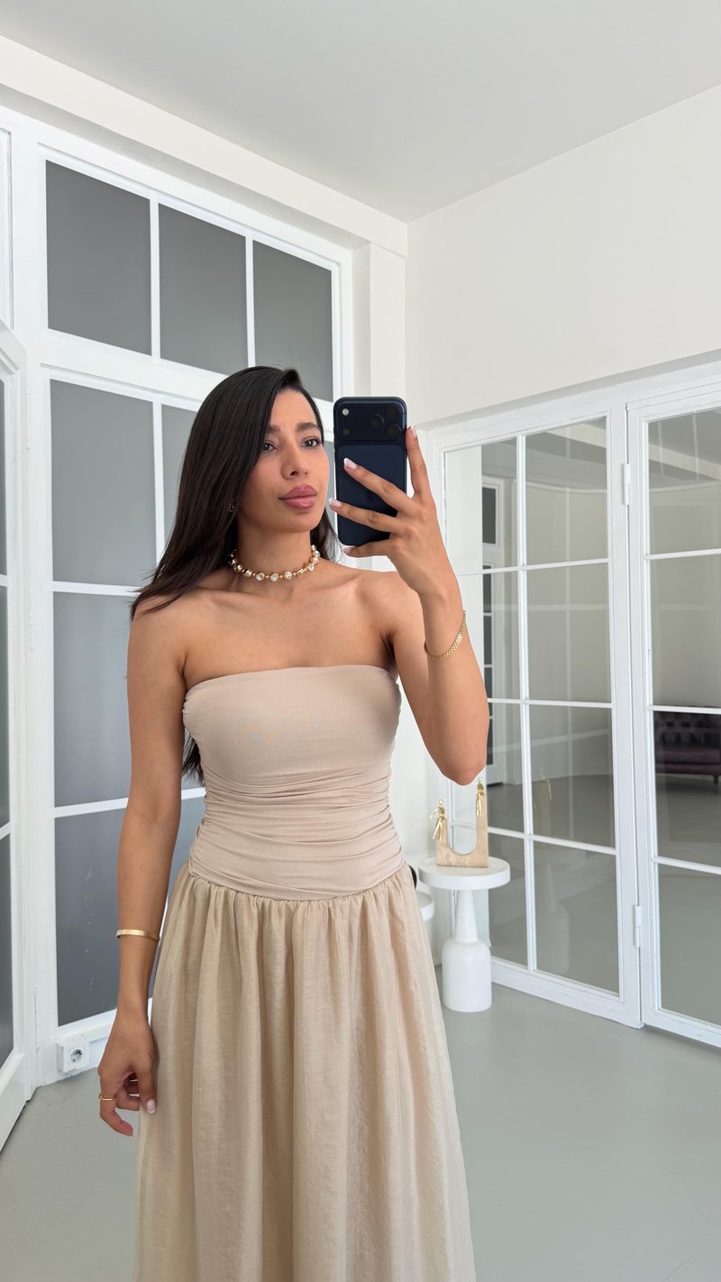 Bej Straplez Astarlı Elbise GAUS-01709