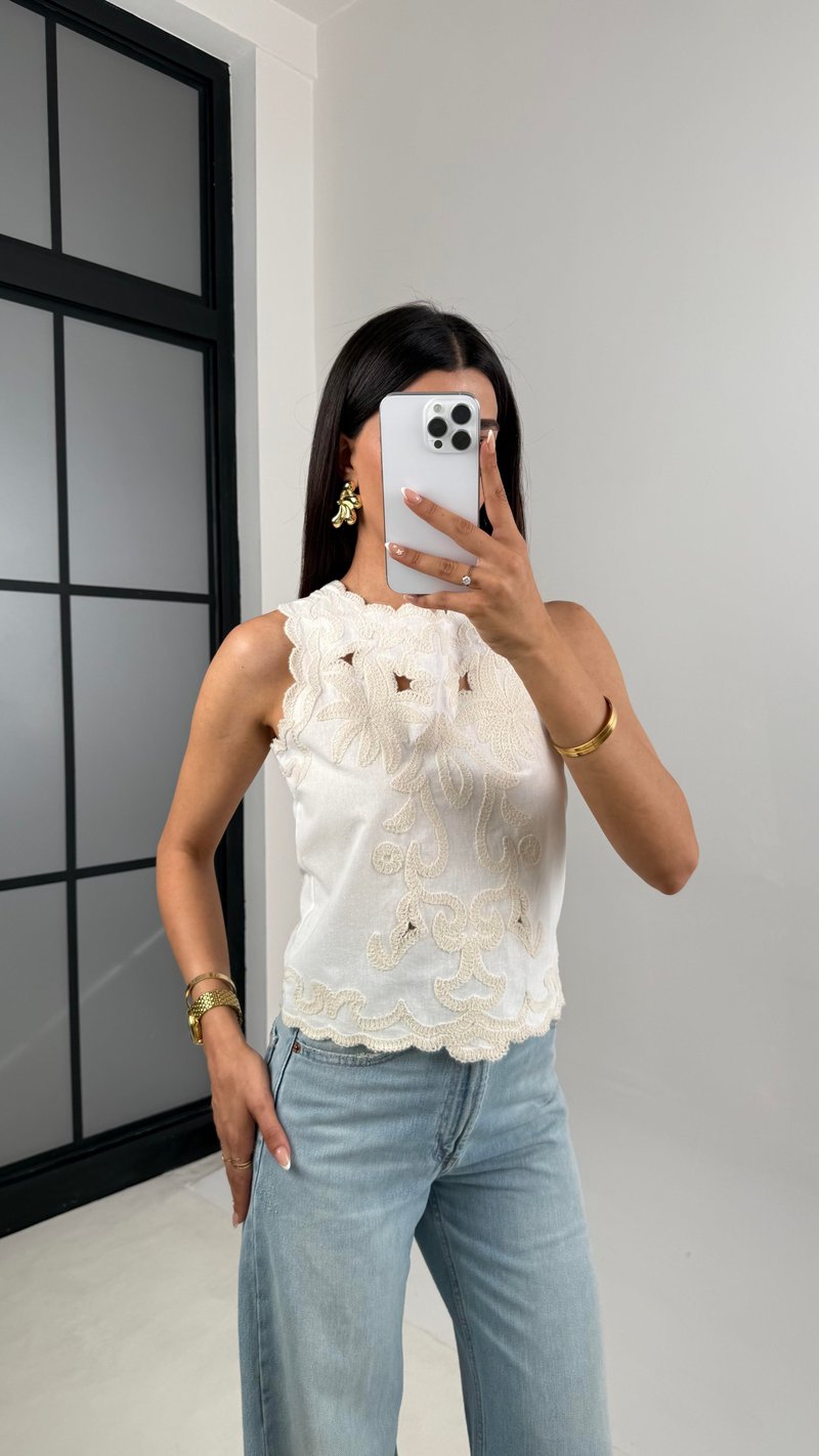 Ekru Nakış İşlemeli Keten Bluz Gaus00612