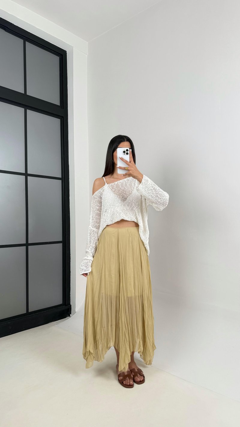 Soft Haki Astarlı Kırışık Şifon Muadil Etek Gaus00447