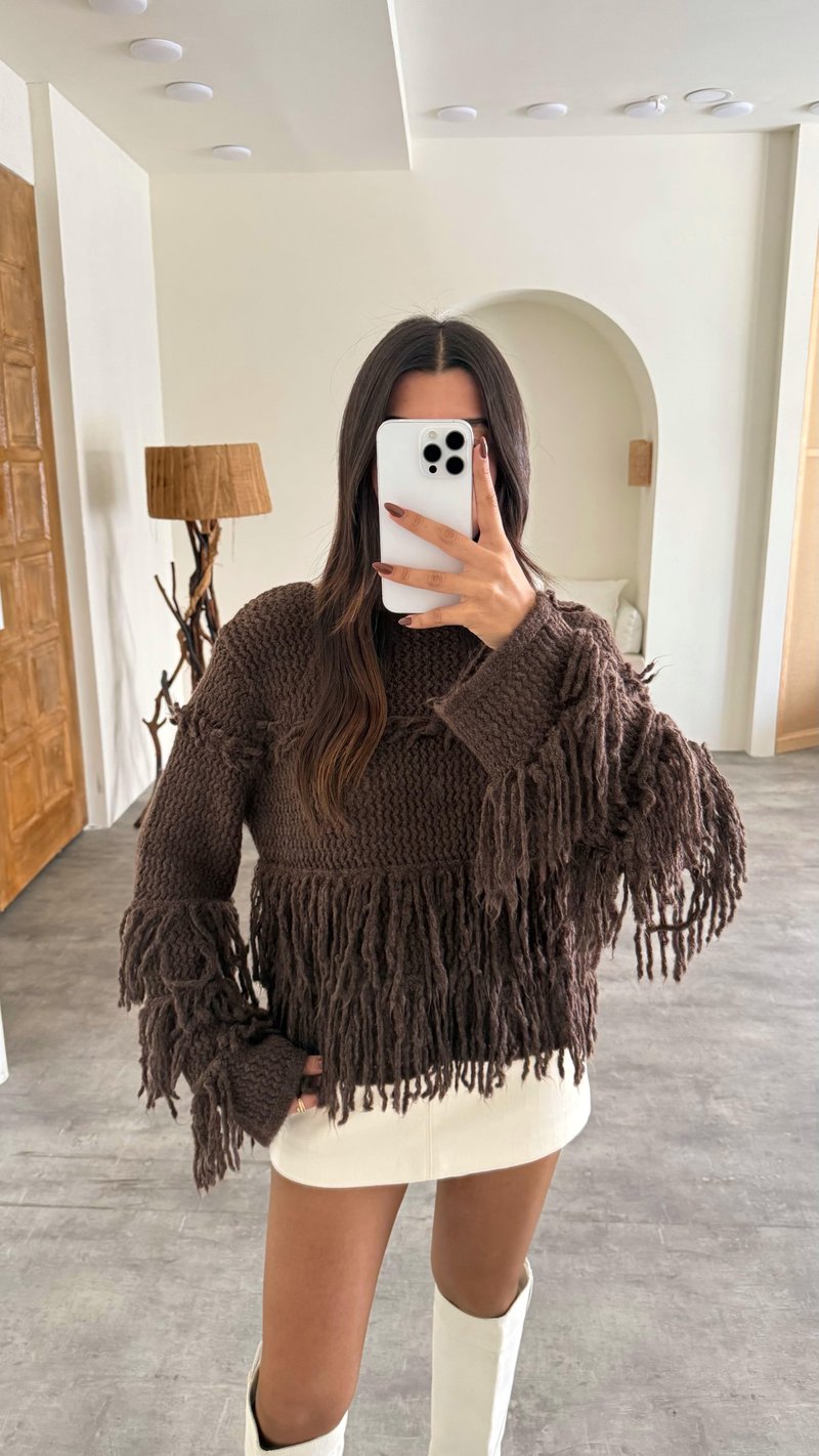 Kahve Saçaklı Örme Triko Kazak GAUS-00134