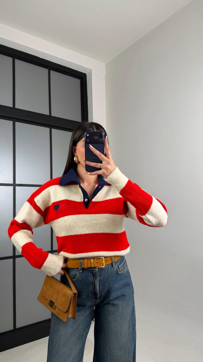 Kırmızı Polo Yaka Çizgili Yumuşak Dokulu Kazak GAUS-01099