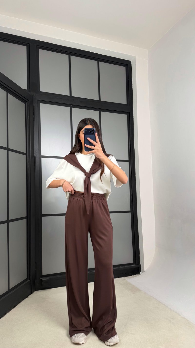 Kahve Şal Detaylı Basic Tshirt Beli Lastikli Pantolon İkili Eşofman Takımı GAUS-01284