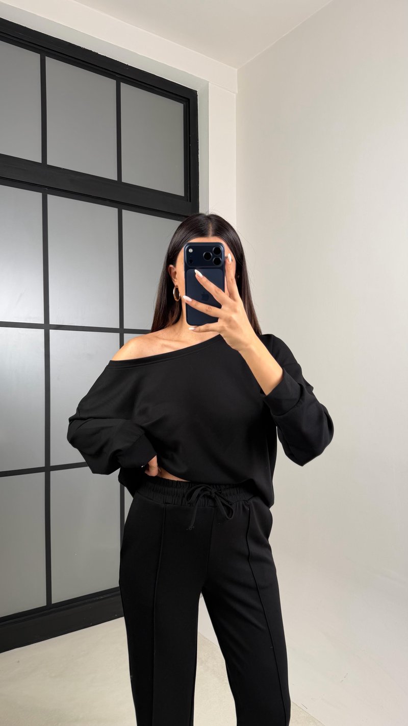Siyah Asimetrik Yaka Beli Lastikli Çımalı Pantolon Modal Kumaş Takım GAUS-00629