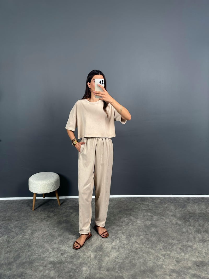 Ava Taş Yıkama Tshirt Pantolon İkili Takım 