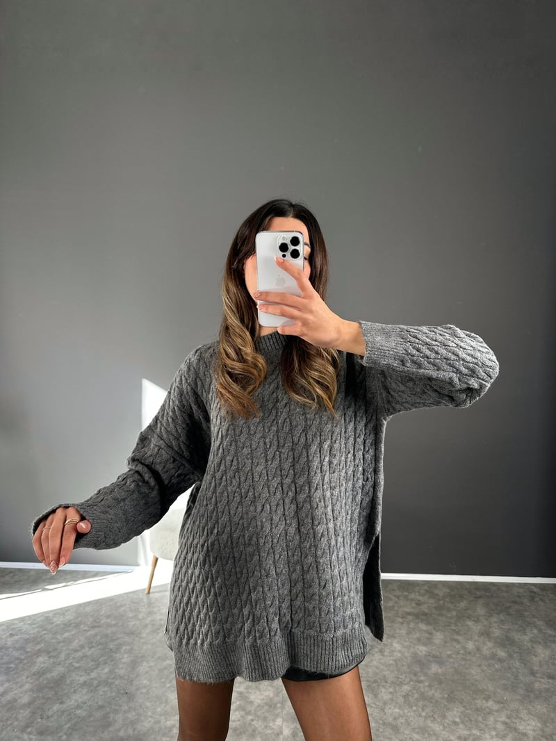 Antrasit Örme Yırtmaçlı Oversize Kazak 