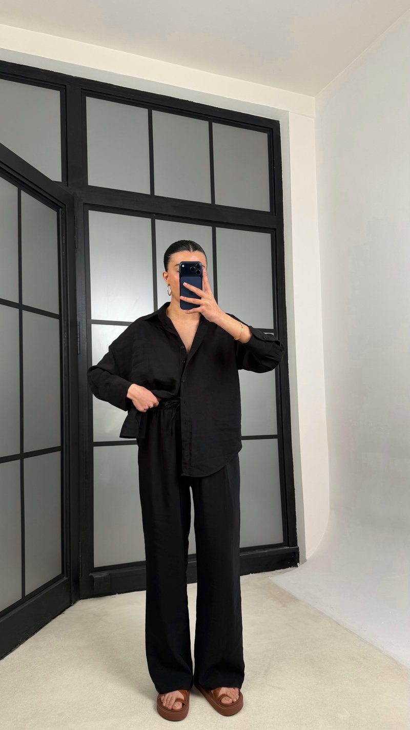 Siyah MD Muadil Gömlek Beli Lastikli Pantolon Tencel Takım GAUS-01278