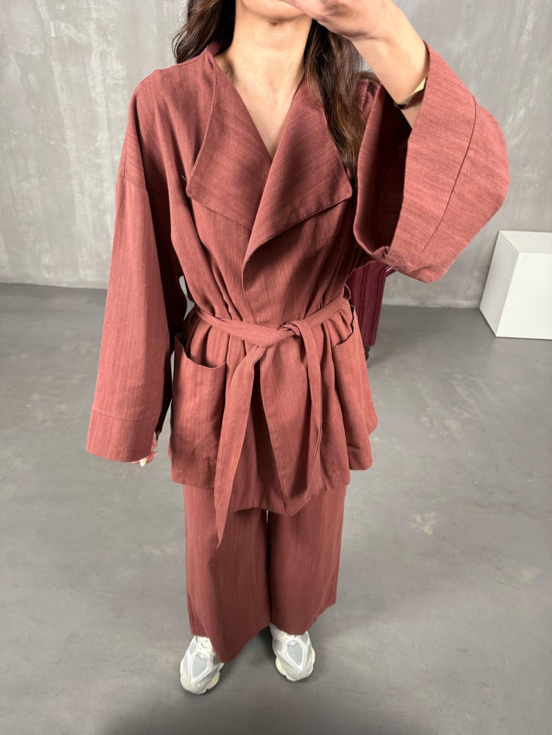 Sansa Kiremit Kuşaklı Keten Kimono Takım