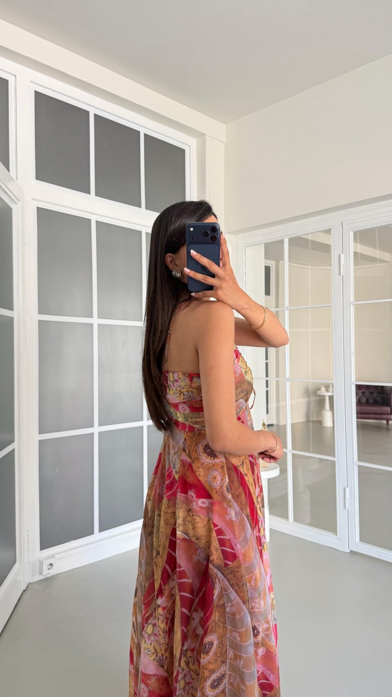 Kırmızı Ayarlanabilir Askılı Astarlı Desenli Tasarım Elbise GAUS-01456