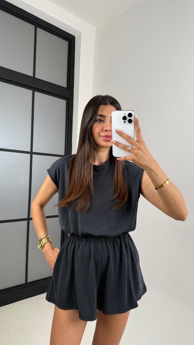 Antrasit Oys Muadil Sırt Dekolteli Modal Şortlu Tulum Gaus00596