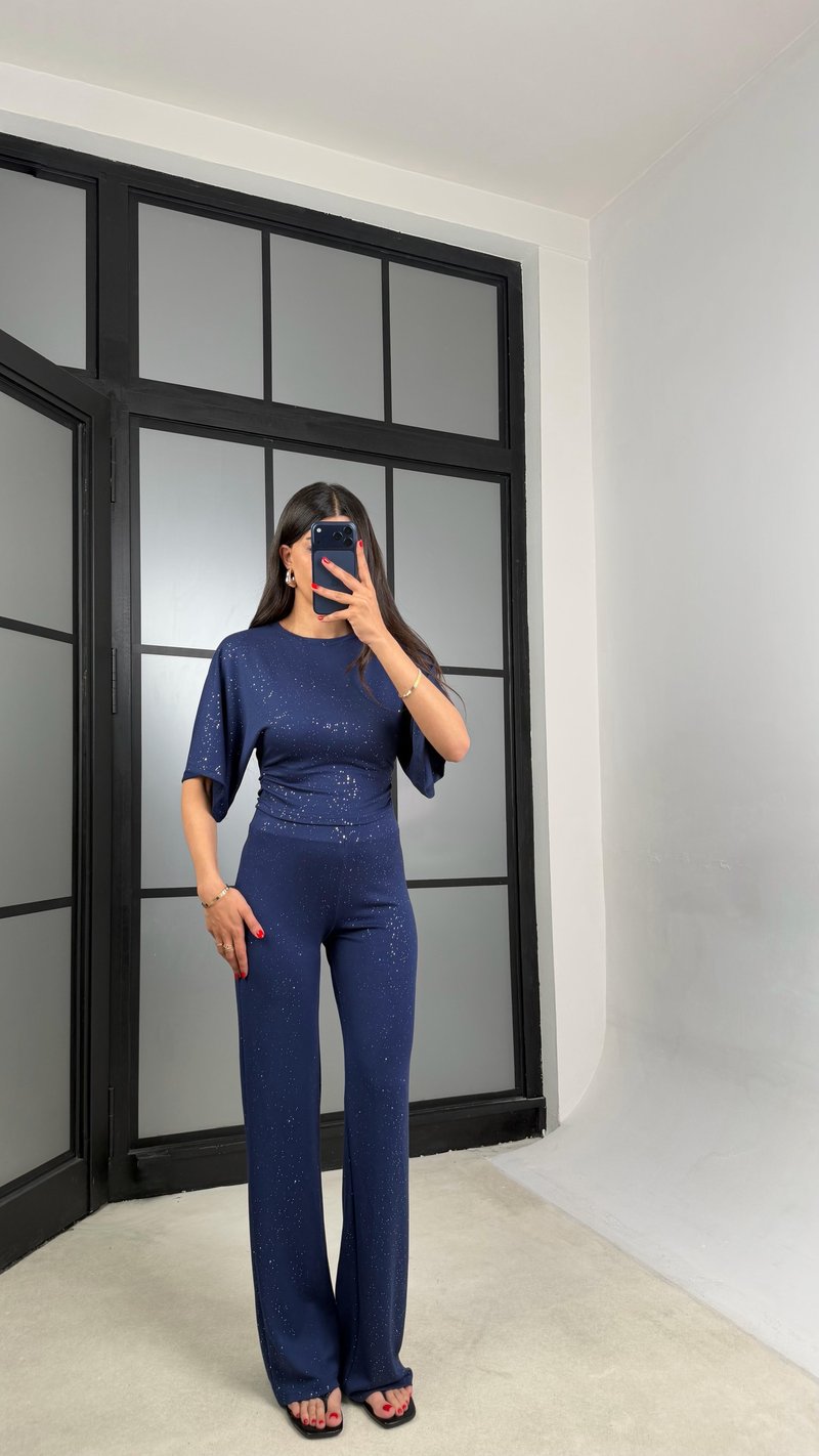 Lacivert Simli Bluz Beli Lastikli Pantolon İkili Takım GAUS-01554