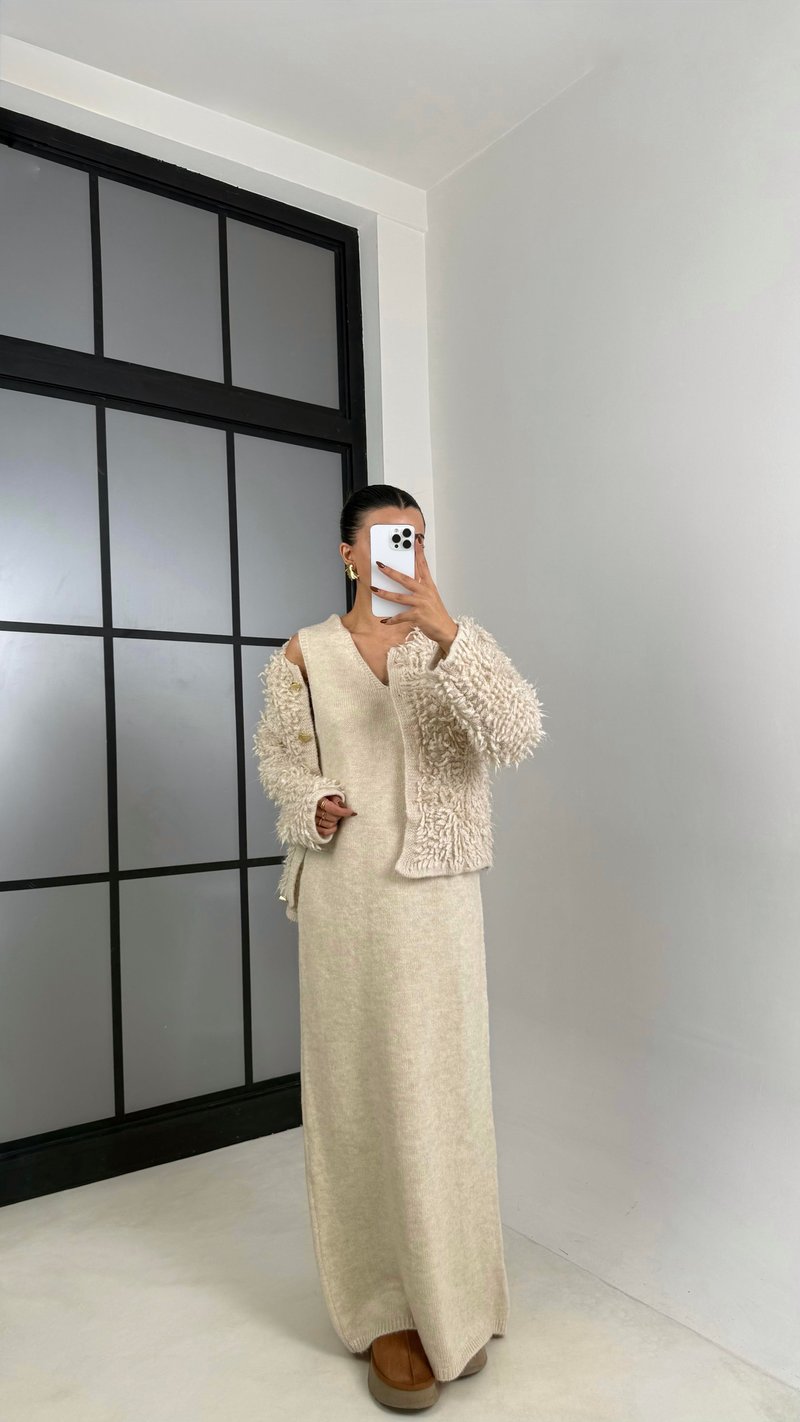 Taş Saçaklı Hırka Elbise 2li Triko Takım GAUS-00482