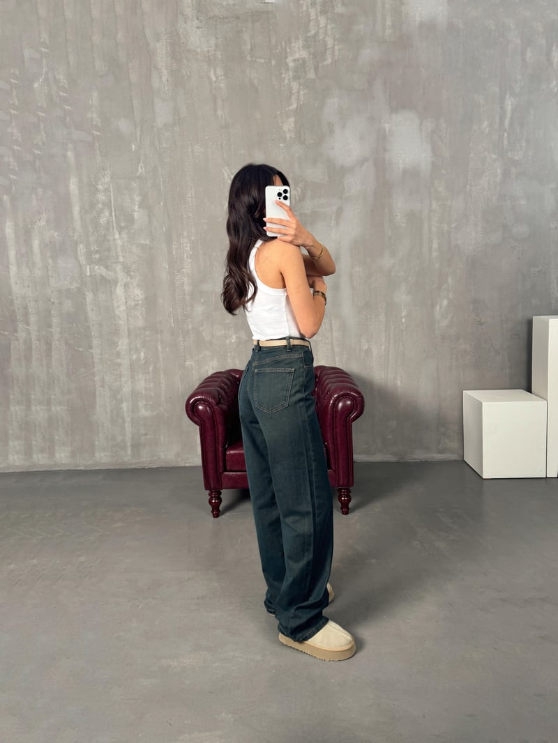Chos Koyu Mavi Eskitme Wide Leg Jean