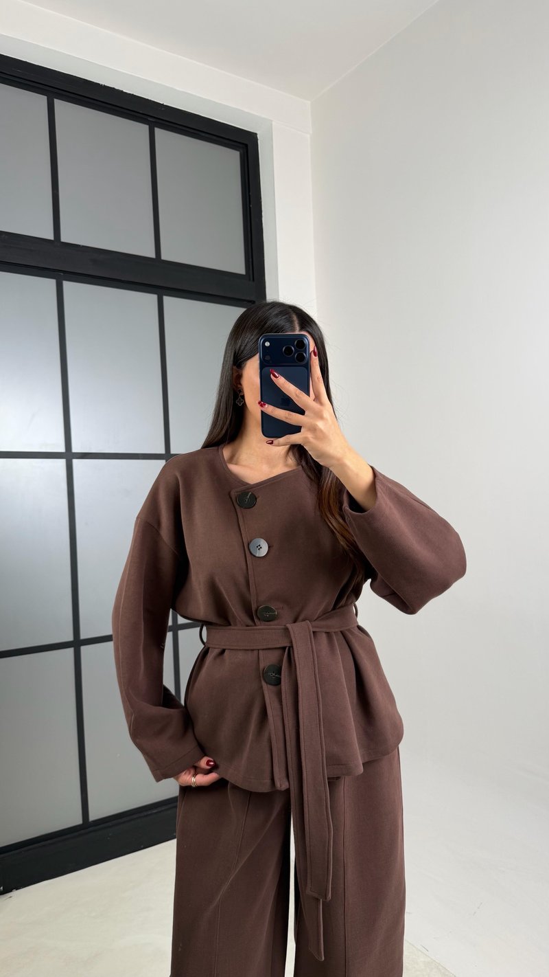 Kahve Düğmeli Kuşaklı Ceket Beli Lastikli Şalvar İkili Premium Selanik Takım GAUS-00777