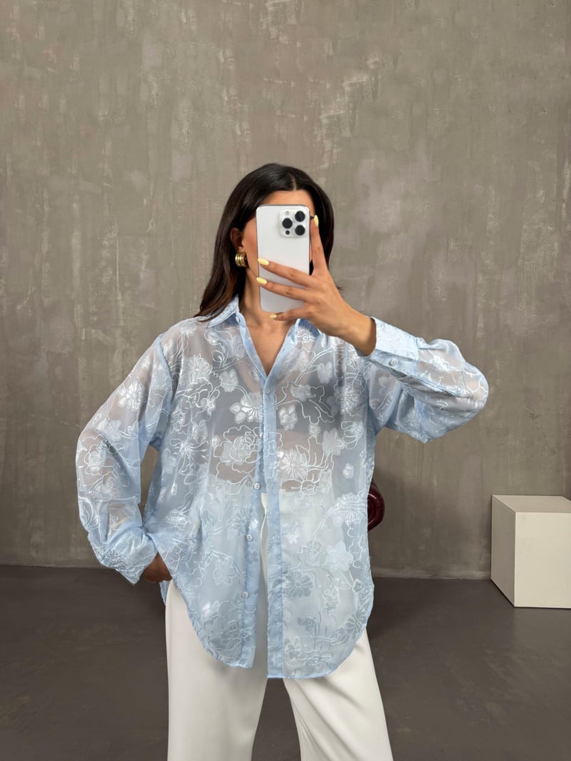 Blue Patterned Jacquard Sheer Shirt Gaus00139