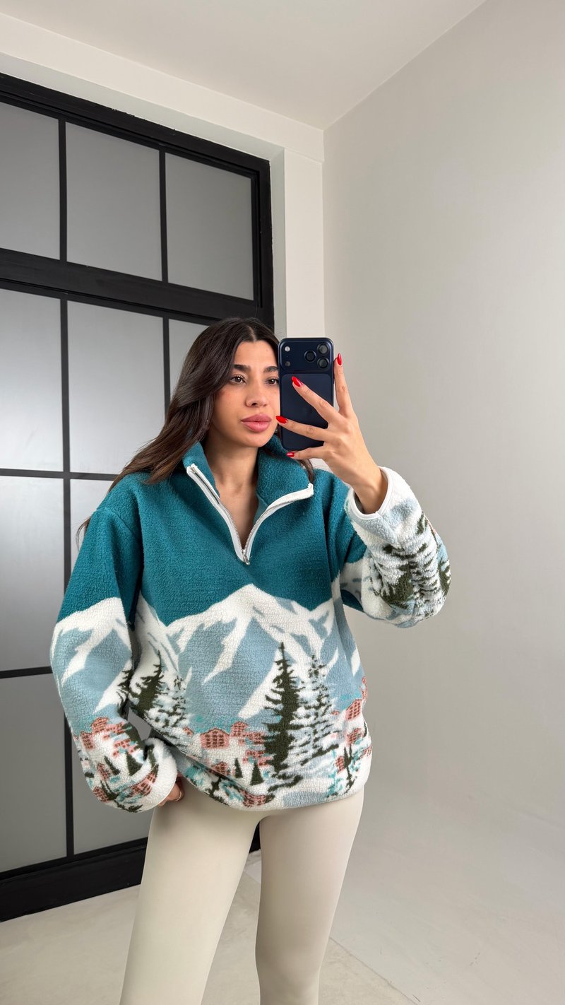 Turkuaz Fermuarlı Desenli Polar Sweatshirt GAUS-00924