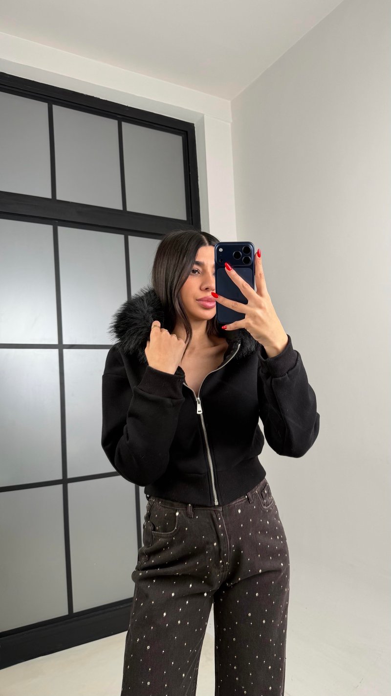 Siyah Kürk Yakalı Şardonlu Premium Sweatshirt GAUS-00959